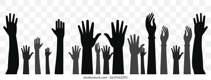 Fists hands up vector illustration. Concept of unity, revolution, fight, cooperation. Flat outline design. Illustration of people raising hand on Transparent Background. EPS 10.