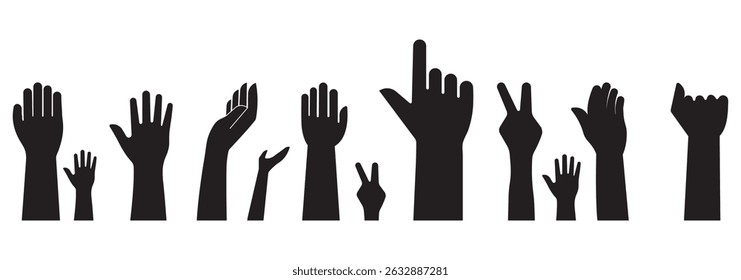 Fists hands up vector illustration. Concept of unity, revolution, fight, cooperation. Flat outline design. Raised hands vector silhouettes, Set of hand silhouette icon logo template vector. EPS 10. 