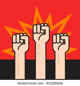 Fists hands up vector illustration, protest sign, crowd of people protesters, politic crisis, revolution concept, war activists, flat cartoon outline line design on black red background