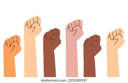 Fists raised in the air. Hands of different skin color and races people. Diversity and equality consept. Flat vector design illustration	