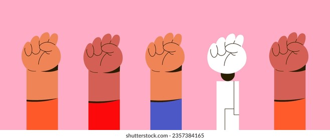 Fists raised up with prosthetic arm. Development of inclusiveness in society. Сommunity of friends with limited opportunities and AI Robot. Flat vector illustration.