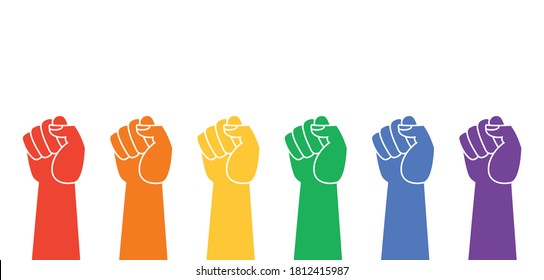 fists raised up, lgbt flag colors, protest symbol isolated on white background, queer pride banner