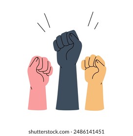 Fists raised up, protest. Hands fighting and struggling for human rights, freedom. Empowerment equality gesture. Revolution concept. Power symbol. Flat vector illustration isolated on white background