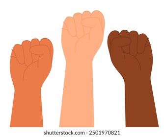 Fists raised up, protest. Hands fighting and struggling for human rights, freedom. Empowerment equality gesture. Revolution concept. Power symbol. Flat vector illustration isolated on white background