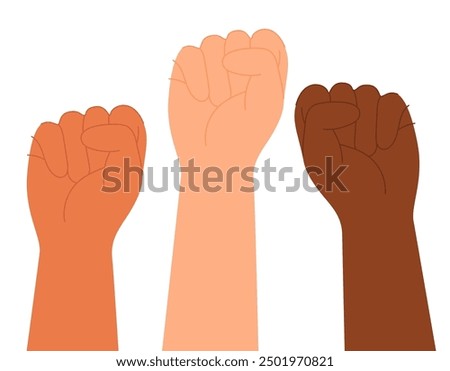 Fists raised up, protest. Hands fighting and struggling for human rights, freedom. Empowerment equality gesture. Revolution concept. Power symbol. Flat vector illustration isolated on white background