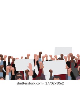 Fists raised vector pattern with banners. Public protest illustration