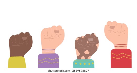 Fists raising up as a symbol of protest for human rights. Concept of diversity, racial conflicts, vitiligo disease. Hand drawn vector illustration in flat style. Human hands up, agitation, elections