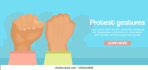 Fists up as a sign of protest vector cartoon illustration. Female protestation, fight and resist gestures banner with text space. Feminists protesters fists in air.