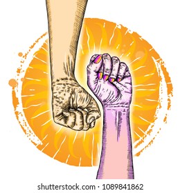 Fists symbol, power. Propaganda background style. Revolution fist raised in the air. Clenched fists on orange circle or sun rays background. Vector.