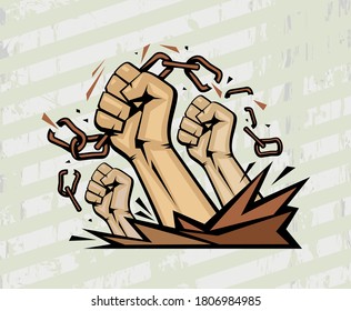 Fists tearing chains vector poster, vector illustration