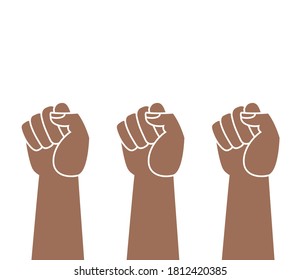 fists up, protest banner, raised hands isolated on white background