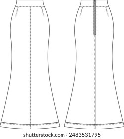 fit a-line body-con mermaid darted zippered long maxi skirt denim jean template technical drawing flat sketch cad mockup fashion woman design style model 