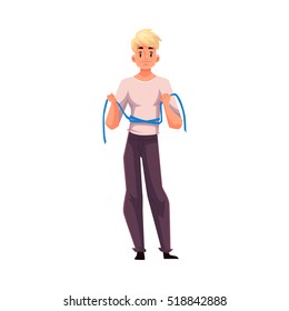 Fit, athletic man in good shape measuring himself with a tape, cartoon vector illustration isolated on white background. Young, slim man measuring his waist, healthy lifestyle concept