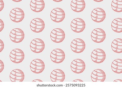 fit ball fitness doodle seamless pattern on grey background. stability ball gym engraving line art pattern wallpaper. retro gym ball stability background for boxing sport decor and merchandise