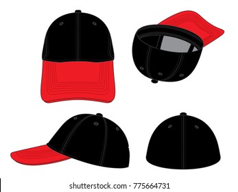 Fit baseball caps design vector with black/red colors and elastic back strap.