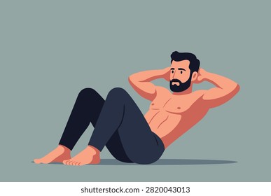 Fit bearded man performing sit-up exercises on the floor to strengthen his core muscles and improve his physical fitness at home.