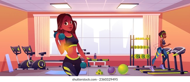 Fit black woman in sport gym for workout exercise illustration. People do cardio training and dumbbell aerobic in athlete studio for healthy body. Young slim female person in sportswear jogging