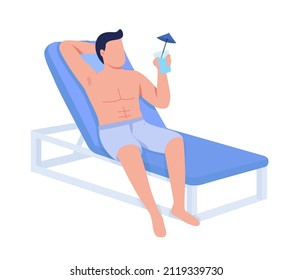 Fit body man relaxing with cocktail drink semi flat color vector character. Full body person on white. Lying on beach chair simple cartoon style illustration for web graphic design and animation
