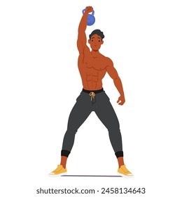 Fit Bodybuilder Lifting A Kettlebell Overhead With A Happy Expression On His Face, Demonstrating Strength And Chiseled Physique, Indicative Of Peak Physical Conditioning And Fitness Dedication, Vector