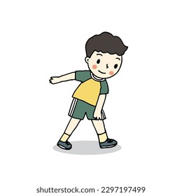 Fit boy doing sport exercise, cartoon drawing vector illustration