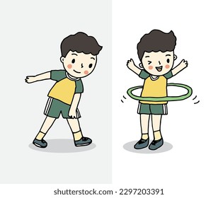 Fit boy doing sport exercises, cartoon drawing vector illustration set