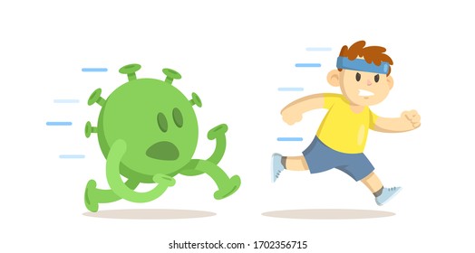Fit boy running away from funny green virus monster. Cartoon flat vector illustration, isolated on white background.