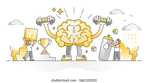 Fit brain as brainpower mental muscles strength monocolor outline concept. Educational learning and training for intelligence development and growth vector illustration. Smart and clever memory scene.