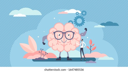 Fit brain cartoon character, flat tiny person vector illustration concept. Sharp mind and solving problems power. Human mental strengths and modern neurology science. Education and learning growth.