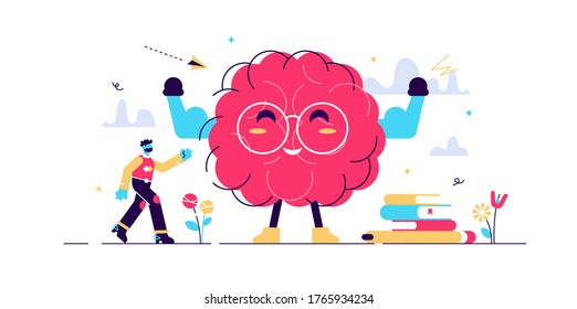 Personaje de caricatura cerebral apropiado, concepto de ilustración vectorial de persona minúscula plana. La mente aguda y la resolución de problemas potencia. Fortalezas mentales humanas y ciencias neurológicas modernas. Educación y crecimiento del aprendizaje.