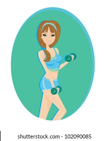 fit brunette woman exercising with two dumbbell weights on her hands