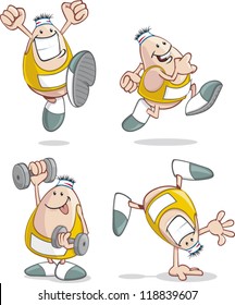 A fit cartoon guy works out