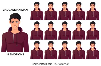 Fit Caucasian Man In Red Hoodie Showing Diffrent Emotions And Facial Expressions Premium Vector