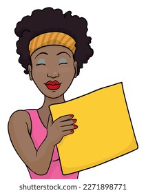 Fit dark-skinned girl with afro hairstyle and bandana, holding a yellow sign. Template in cartoon style.