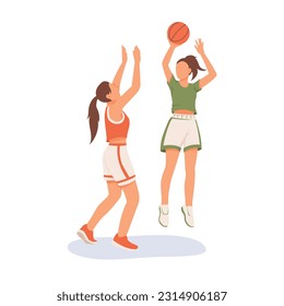 Fit faceless ladies playing basketball. Jump shot technique. Sportswoman leaping into air and throwing ball to teammate on court. Vector illustration