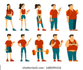 From fit to fat concept. Woman and man become fat. Weight gain concept. Vector illustration in cartoon style