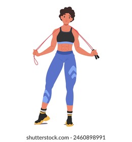 Fit Female Character In Sportswear Holds Jump Rope Ready For Workout, Emphasizing Health And Active Lifestyle. Woman In Black Sports Bra And Blue Leggings Exhibits Active Posture. Vector Illustration