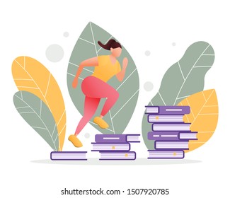 Fit Female Running On Stacks Of Books Forming Steps Of A Ladder. Reading, Self-development And Education Concept. Brain And Mental Workout. Modern Flat Illustration.