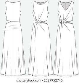 VESTIDO MAXI LARGO AJUSTADO Y ACAMPANADO CON NUDO RETORCIDO Y DETALLE RECORTADO DISEÑADO PARA MUJERES JÓVENES Y MUJERES EN LIMA DE VECTOR