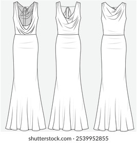 VESTIDO MAXI LARGO AJUSTADO Y ACAMPANADO CON ESCOTE DE CAPOTE EN LA PARTE DELANTERA Y TRASERA CON DETALLE DE ATADURA DISEÑADO PARA MUJERES JÓVENES Y MUJERES EN ARCHIVO DE VECTOR