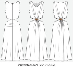 FIT E FLARE MIDI VESTIDO COM REUNIDO NA LINHA DE CINTURA E CORTAR DETALHE PROJETADO PARA MULHERES JOVENS E MULHERES EM ARQUIVO VETORIAL