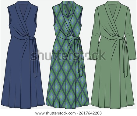 FIT AND FLARE WRAP TIE UPMIDI DRESS WITH SHAWL COLLAR DETAIL DESIGNED FOR YOUNG WOMEN AND WOMEN IN VECTOR FILE