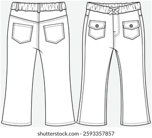 FIT AND FLARED DENIM JEANS WITH FRONT BUTTONED FLAP POCKET DETAIL DESIGNED FOR KID GIRLS TWEENS AND TODDLER GIRLS IN VECTOR FILE