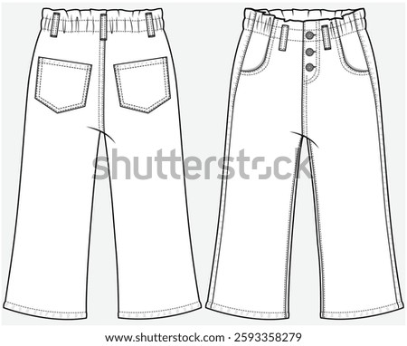 FIT AND FLARED PAPER BAG HIGH WAIST DENIM JEANS WITH BUTTONED FRONT DETAIL DESIGNED FOR KID GIRLS TWEENS AND TODDLER GIRLS IN VECTOR FILE