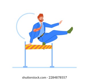 Fit And Focused Business Man Races, Jumps And Leaps Over Obstacles In His Path. Motivational Business-related Concept