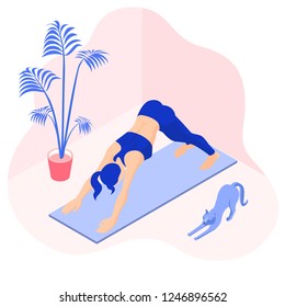 Fit girl doing downward facing dog pose at home with a stretching cat cat .  Isometric vector illustration 