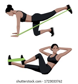 Fit girl doing sport exercises with elastic band, fitness at home, vector illustration.