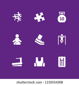fit icon. 9 fit set with air mattress, gym, sport wear and running vector icons for web and mobile app