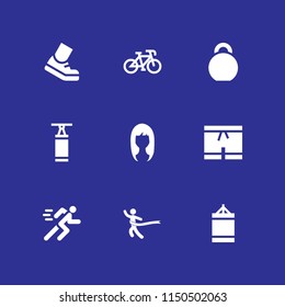 fit icon. 9 fit set with bicycle, running, gym and kettlebells vector icons for web and mobile app