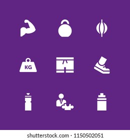 fit icon. 9 fit set with boxing bag, puzzle, weight tool and isotonic vector icons for web and mobile app
