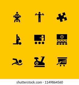 fit icon. 9 fit set with class, swimming figure, stationary bike and gym vector icons for web and mobile app
